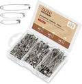 Assorted silver safety pins, mixed sizes, in a clear plastic box with insert card