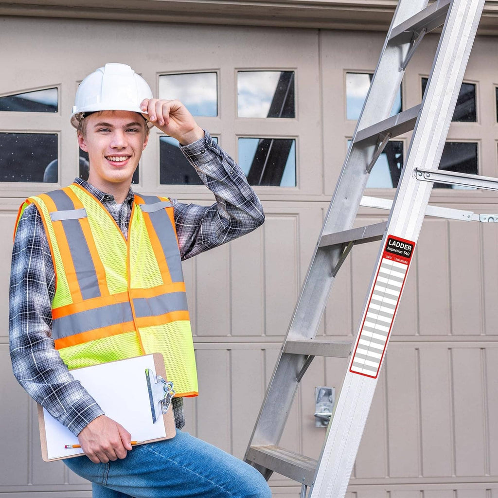 Ladder inspection tag sticker on a metal ladder, red header with date and signature