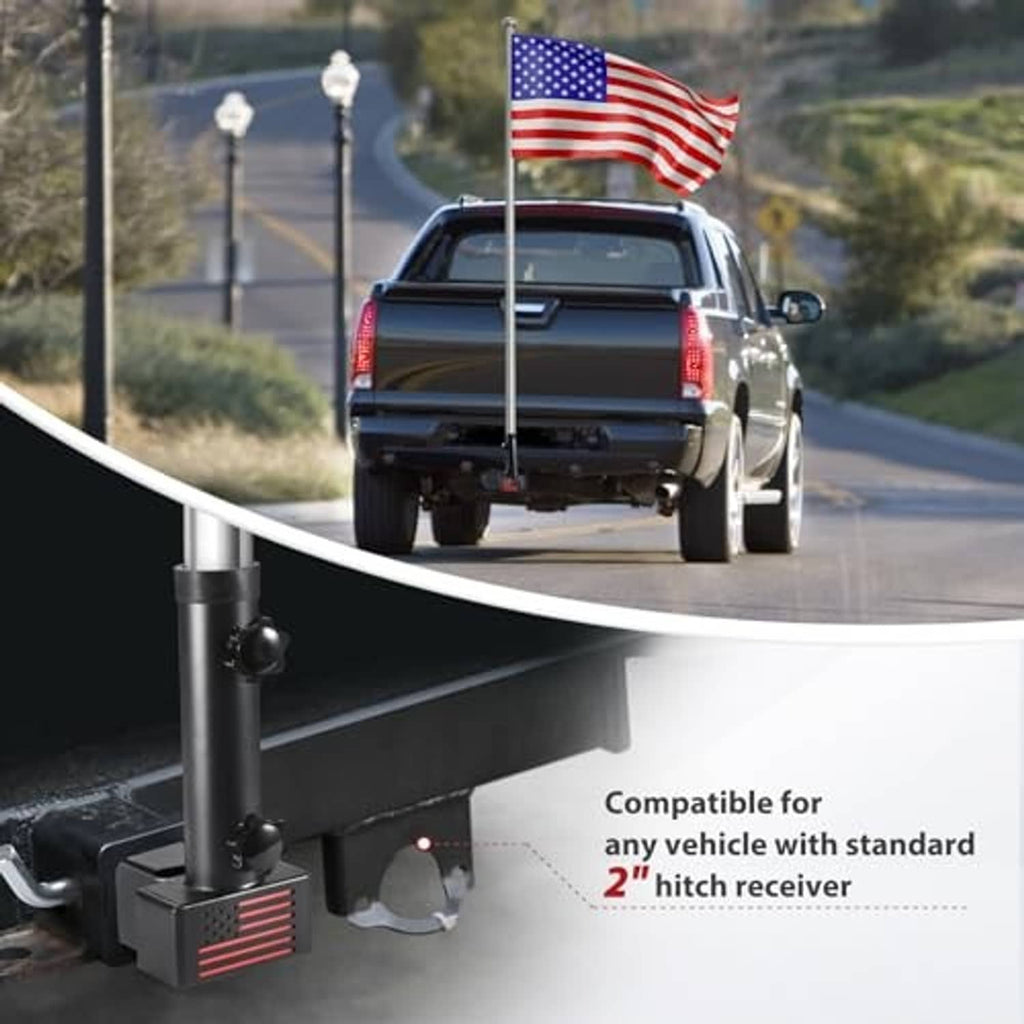 Black hitch-mounted flagpole mount with upright tube on a vehicle rear