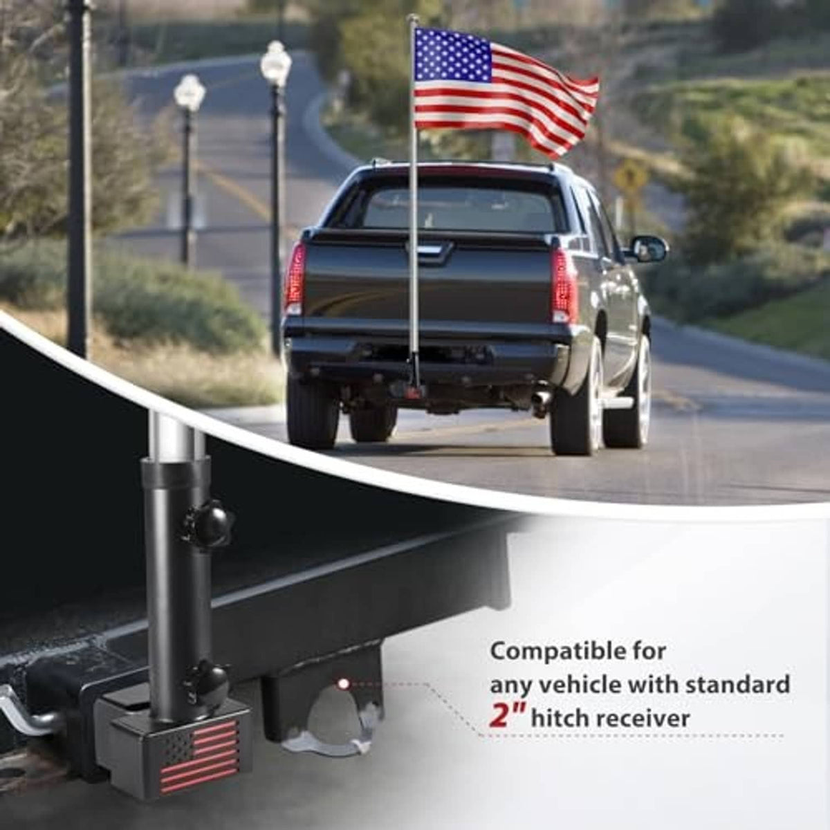 Black hitch-mounted flagpole mount with upright tube on a vehicle rear