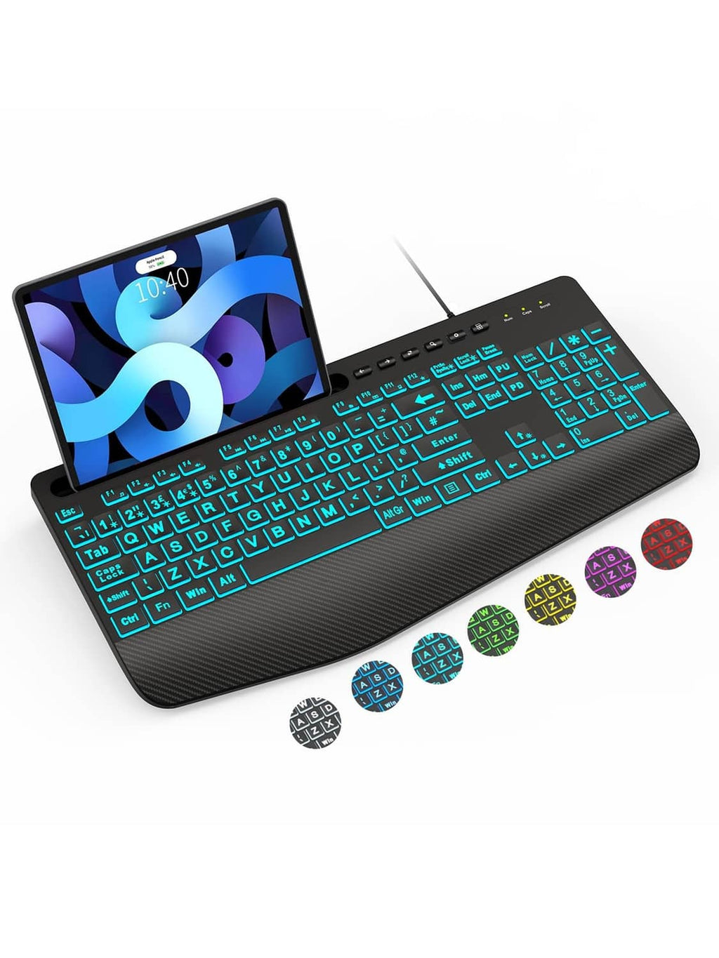 Black backlit wired keyboard with bright blue keys and large-font layout