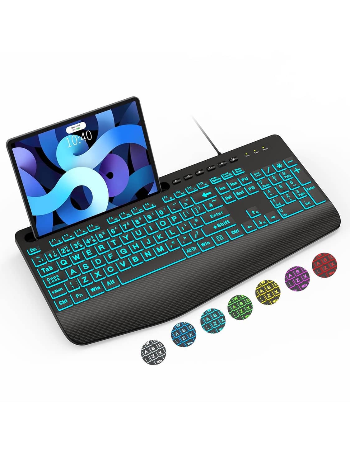Black backlit wired keyboard with bright blue keys and large-font layout