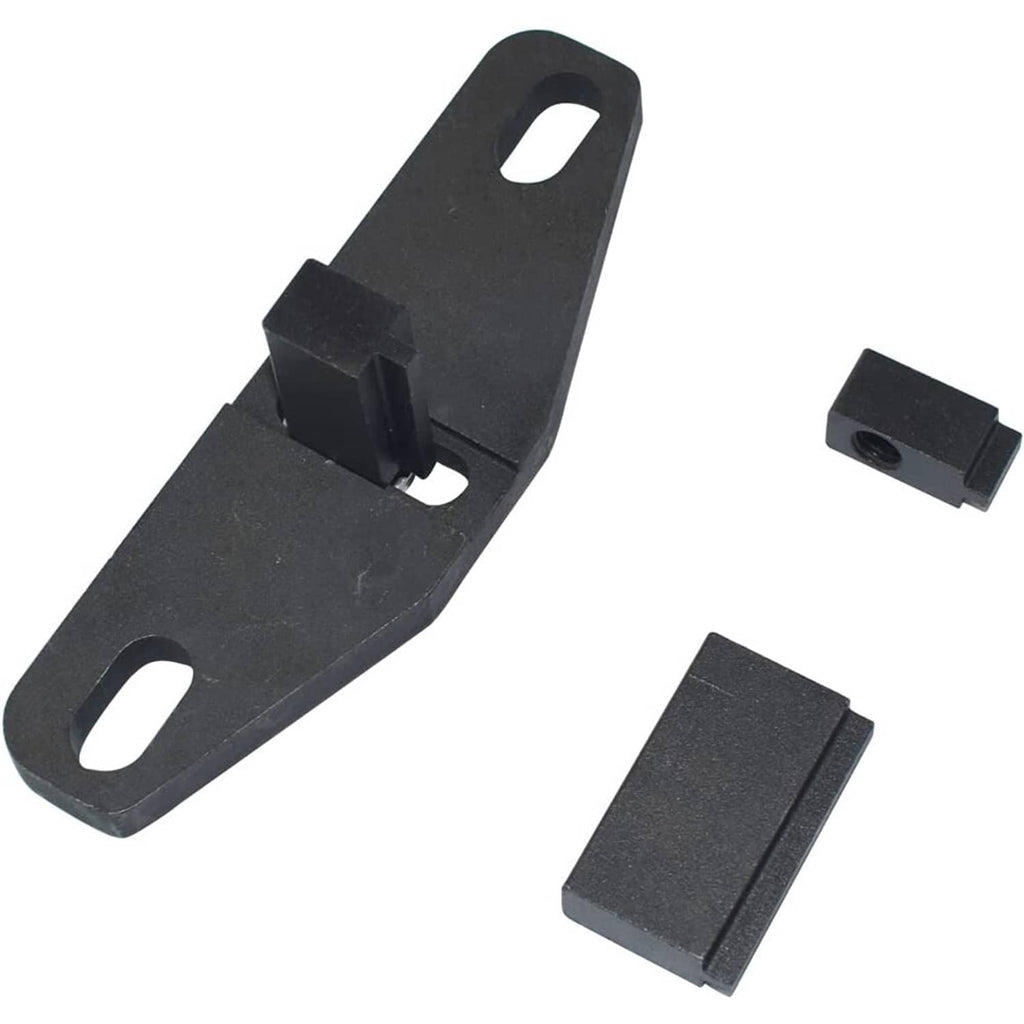 Engine timing tool bracket with locking block, black metal