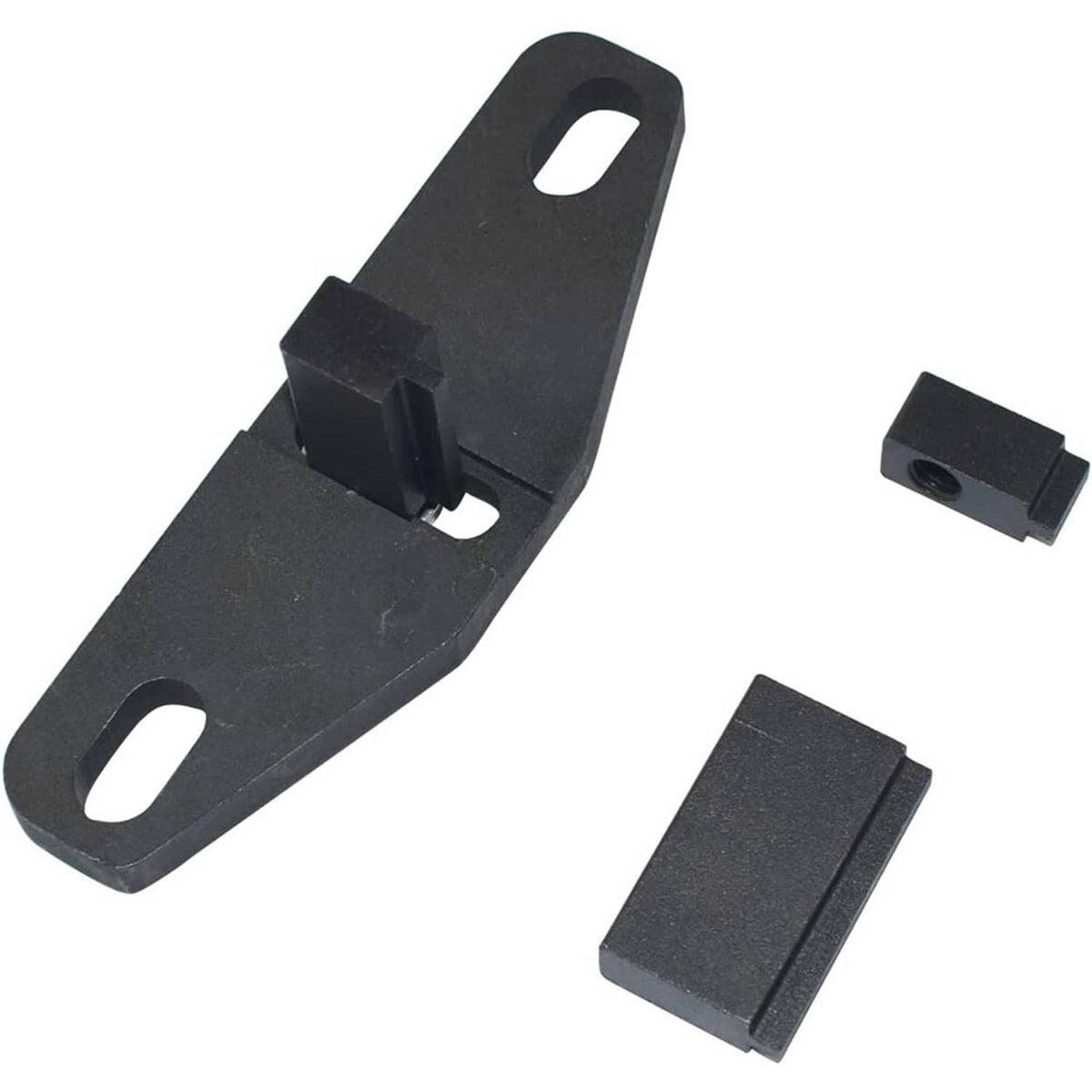 Engine timing tool bracket with locking block, black metal