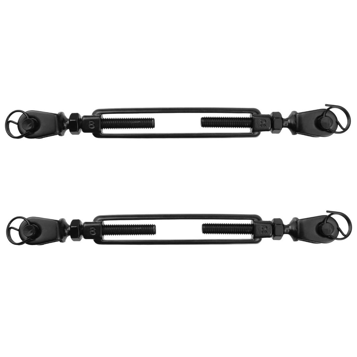 Black M8 jaw turnbuckle hook, chrome bar with spring-style eye ends