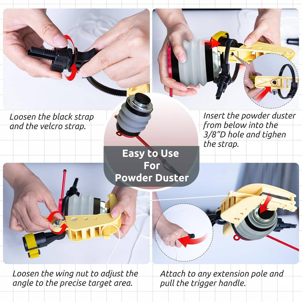 Yellow powder duster sprayer adaptor with wing nut and adjustable strap