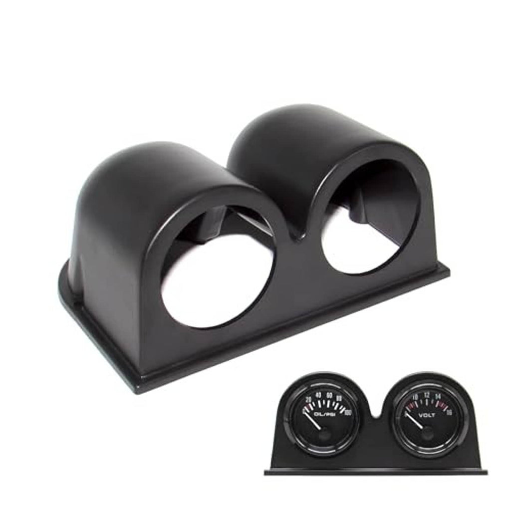 Black dual-gauge dashboard pod, two circular openings and mounting base tray