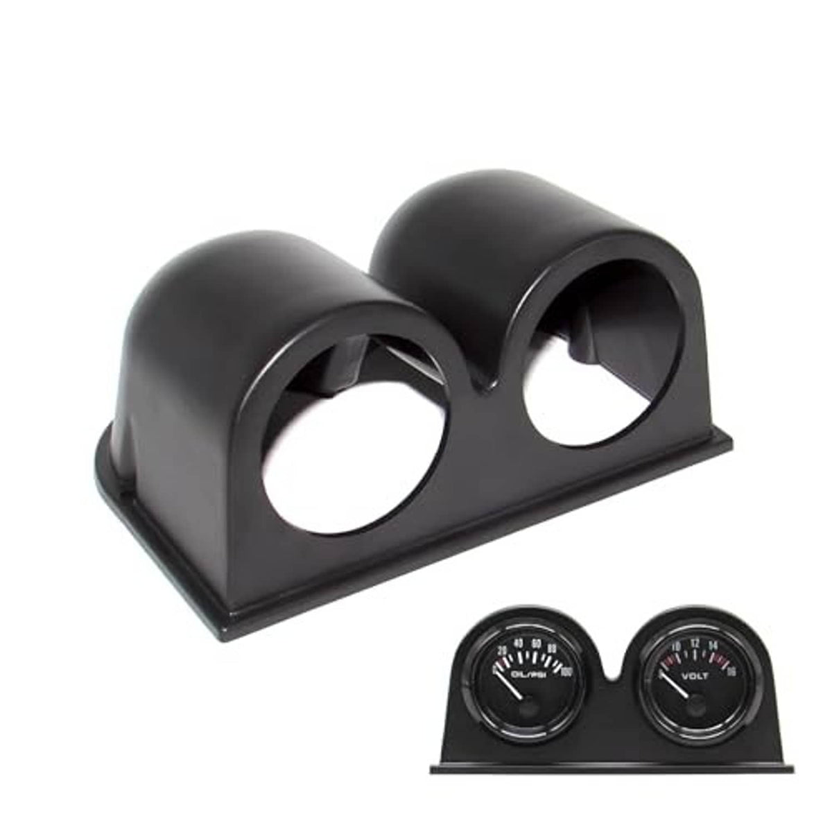 Black dual-gauge dashboard pod, two circular openings and mounting base tray