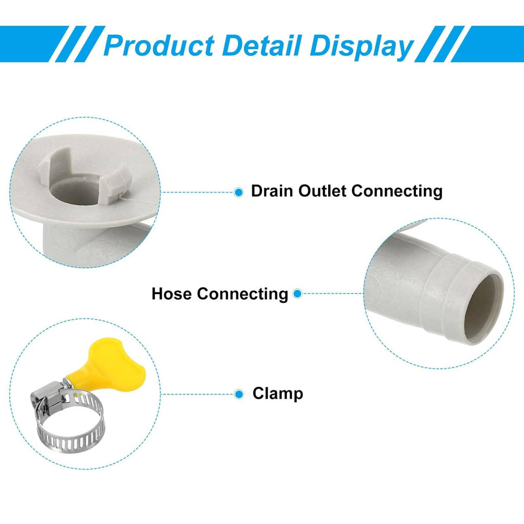 AC drain hose connector components: flange outlet, hose connection, metal clamp with yellow handle