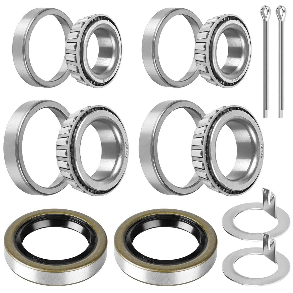 Trailer bearing kit seals set with tapered roller bearings, races, and cotter pins