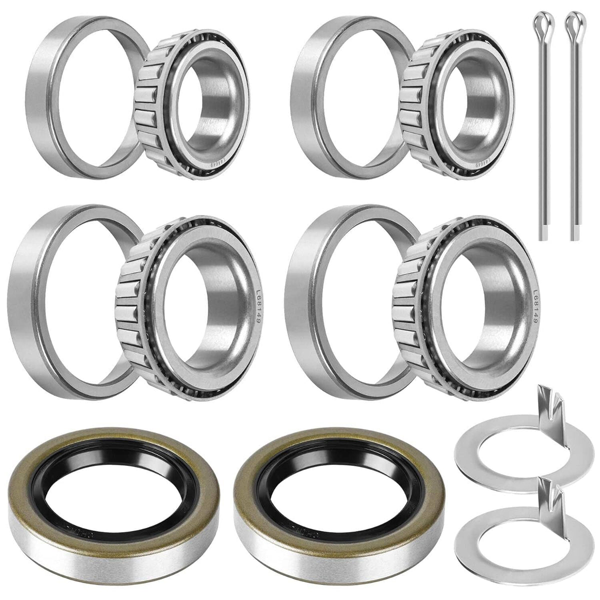 Trailer bearing kit seals set with tapered roller bearings, races, and cotter pins