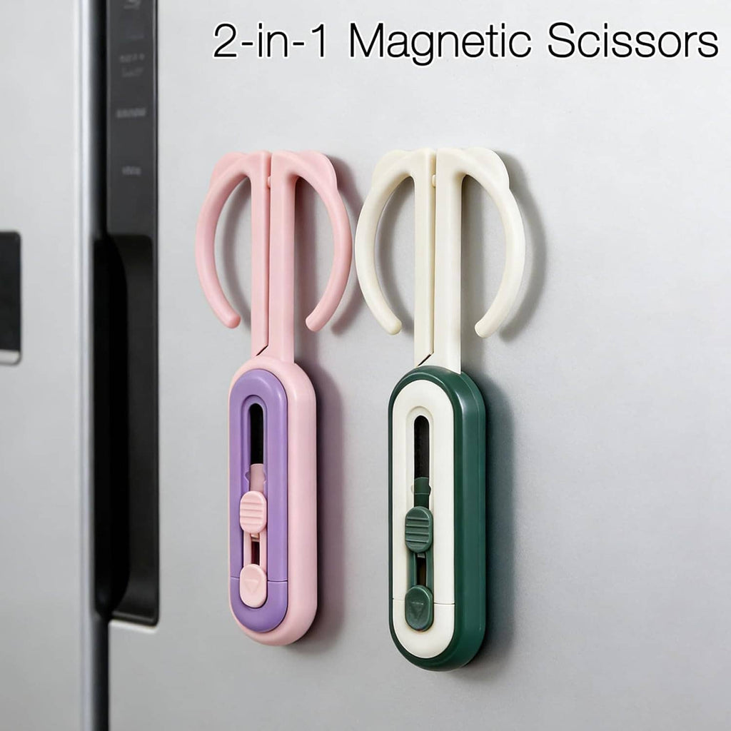 2-in-1 magnetic scissors set: pink and cream non-stick scissors on display.