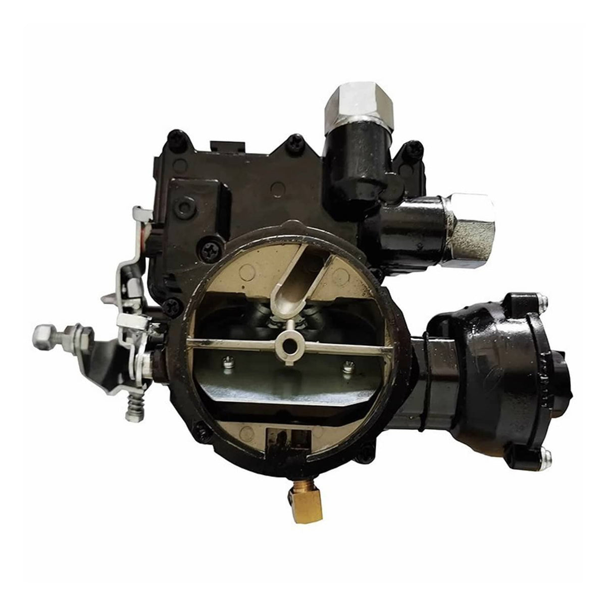 Marine 2-barrel carburetor with black body and metal air intake horn