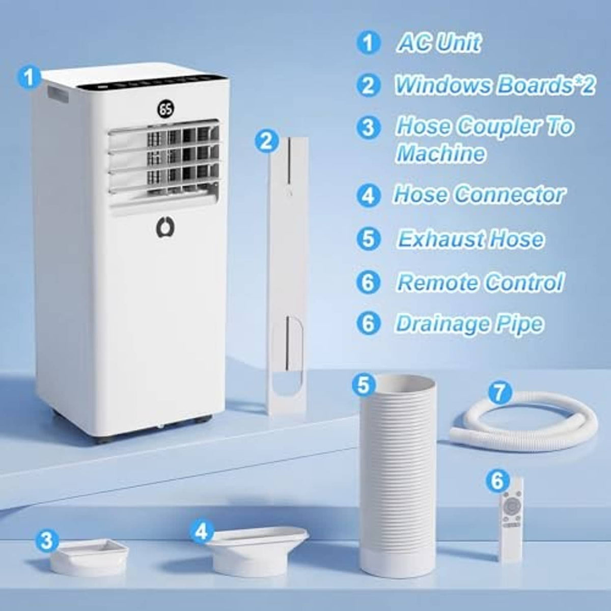 White portable air conditioner parts set: unit, hose, coupler, exhaust hose, remote control