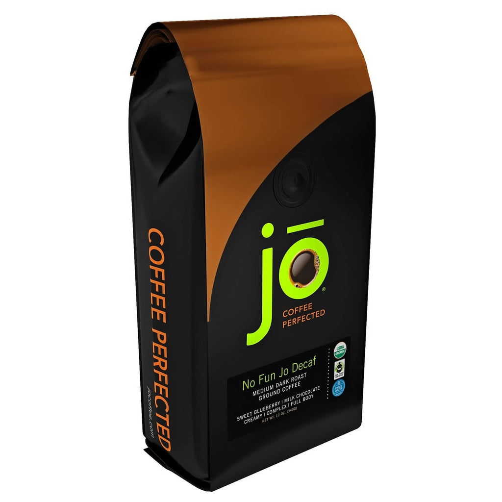 Stand-up decaf ground coffee bag with green “i o” logo and orange stripe