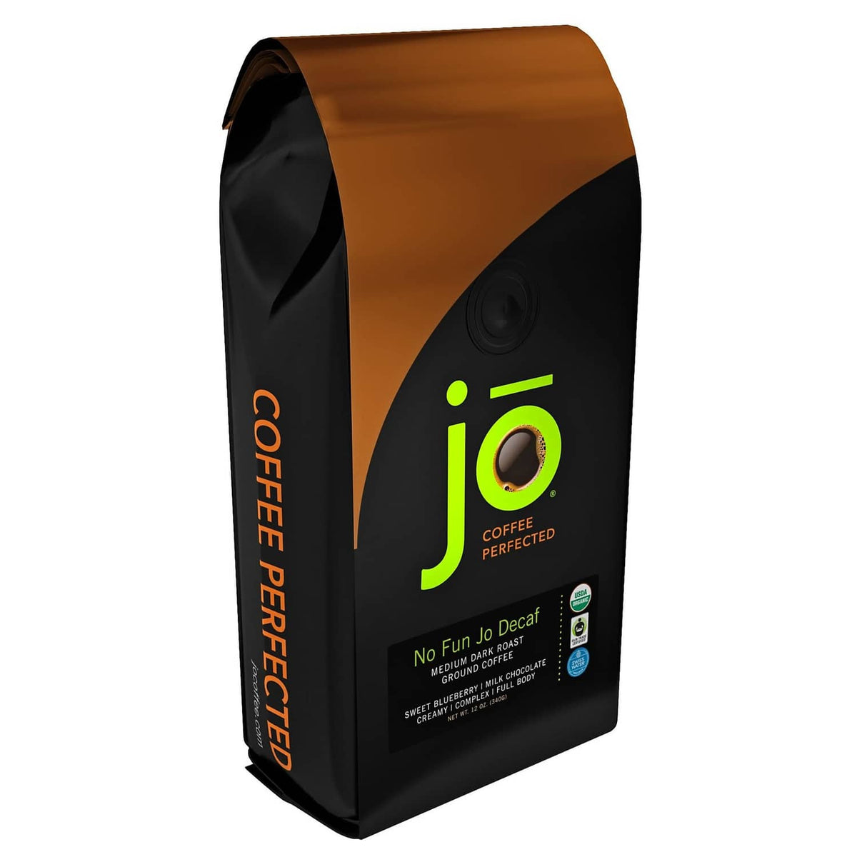 Stand-up decaf ground coffee bag with green “i o” logo and orange stripe