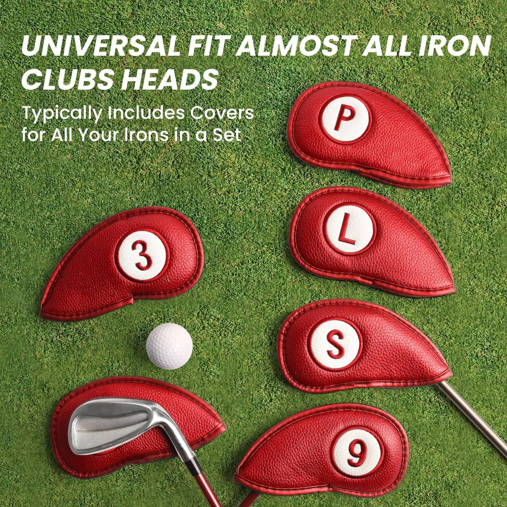 Red magnetic golf iron headcovers set, padded covers labeled P, L, 3, 9, and S