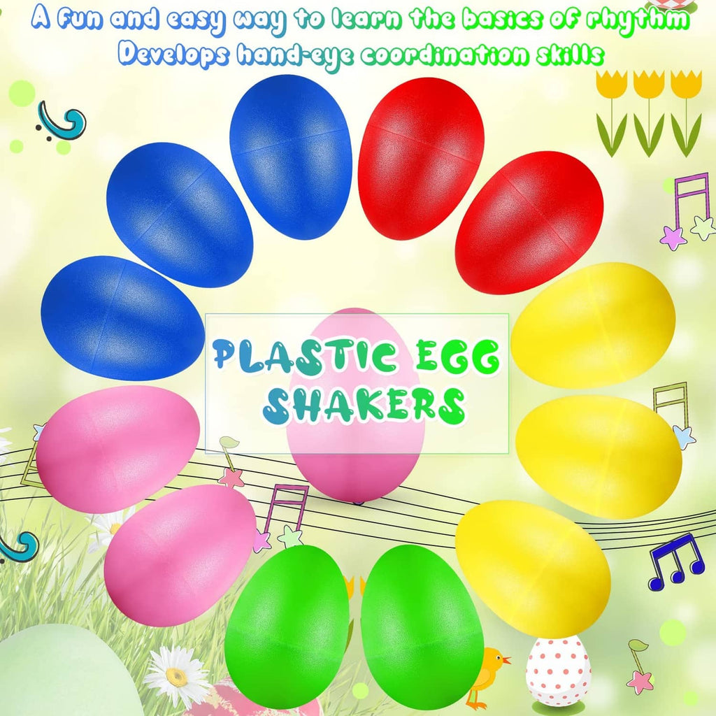 Assorted plastic egg shakers arranged in a circle, blue red green yellow pink eggs