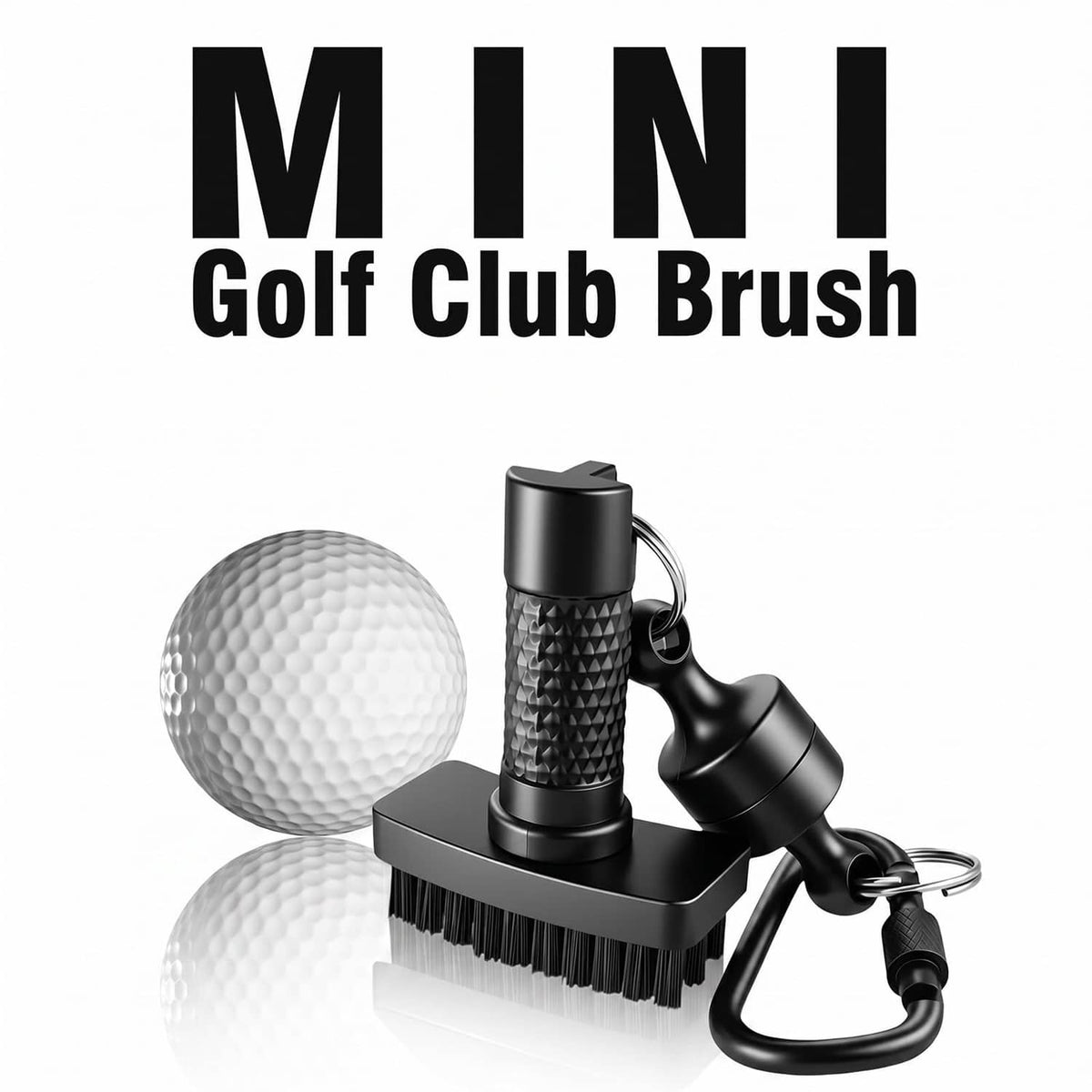 Mini golf club brush with textured grip, bristle brush head, and small hook