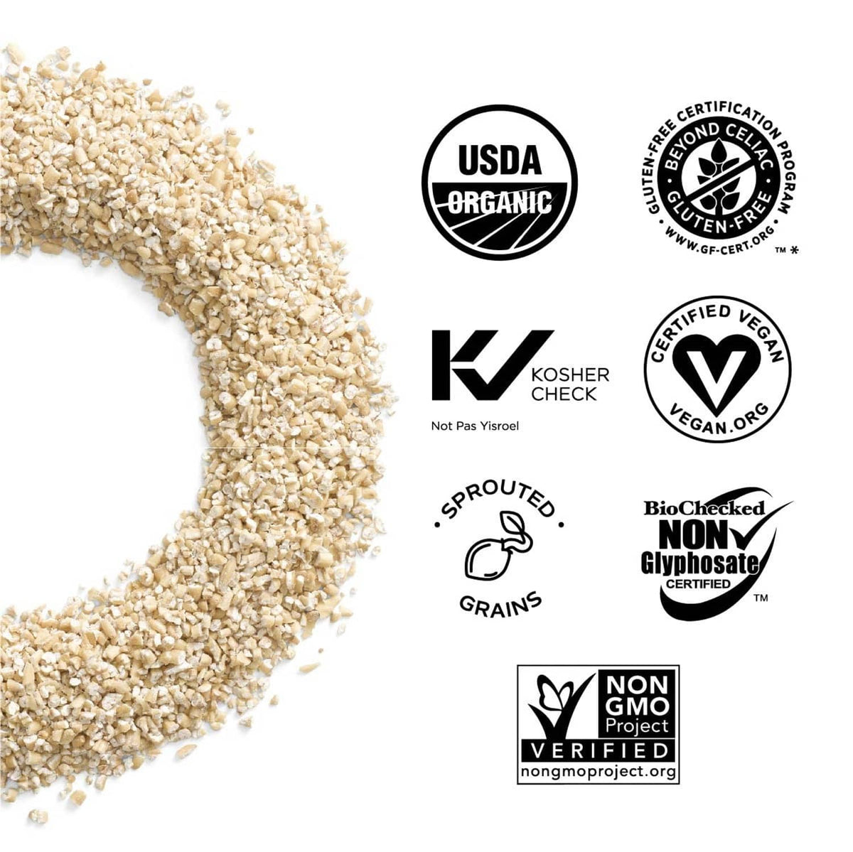 Sprouted grains label with USDA Organic, kosher, vegan, non-GMO, and “sprouted” icons