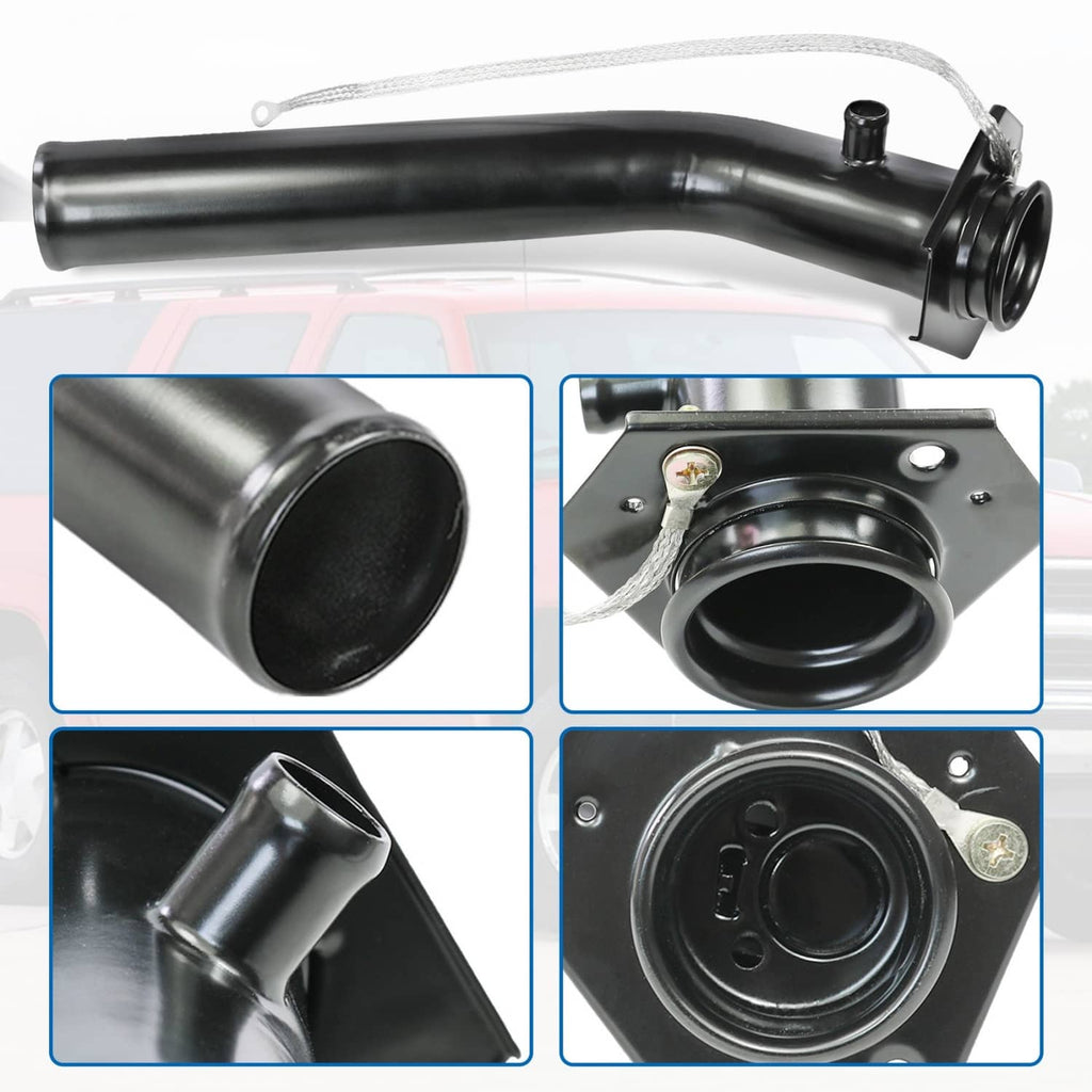Fuel tank filler neck tube with cap and mounting flange, close-up detail views