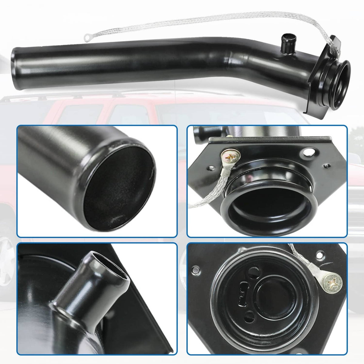 Fuel tank filler neck tube with cap and mounting flange, close-up detail views