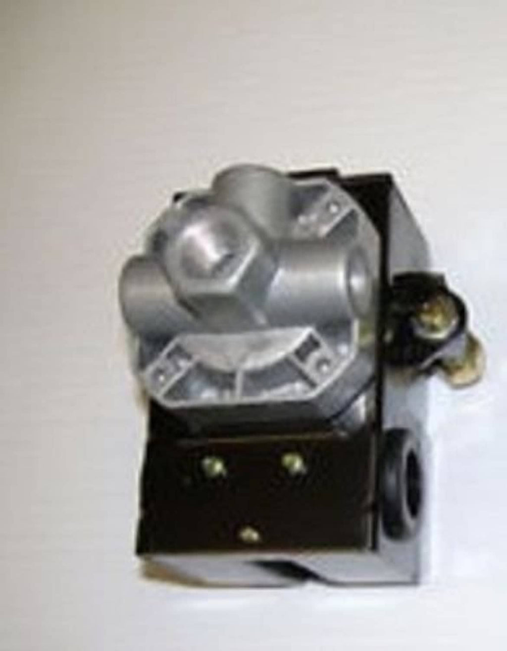 Grey and black pressure control switch with brass connection and mounting base