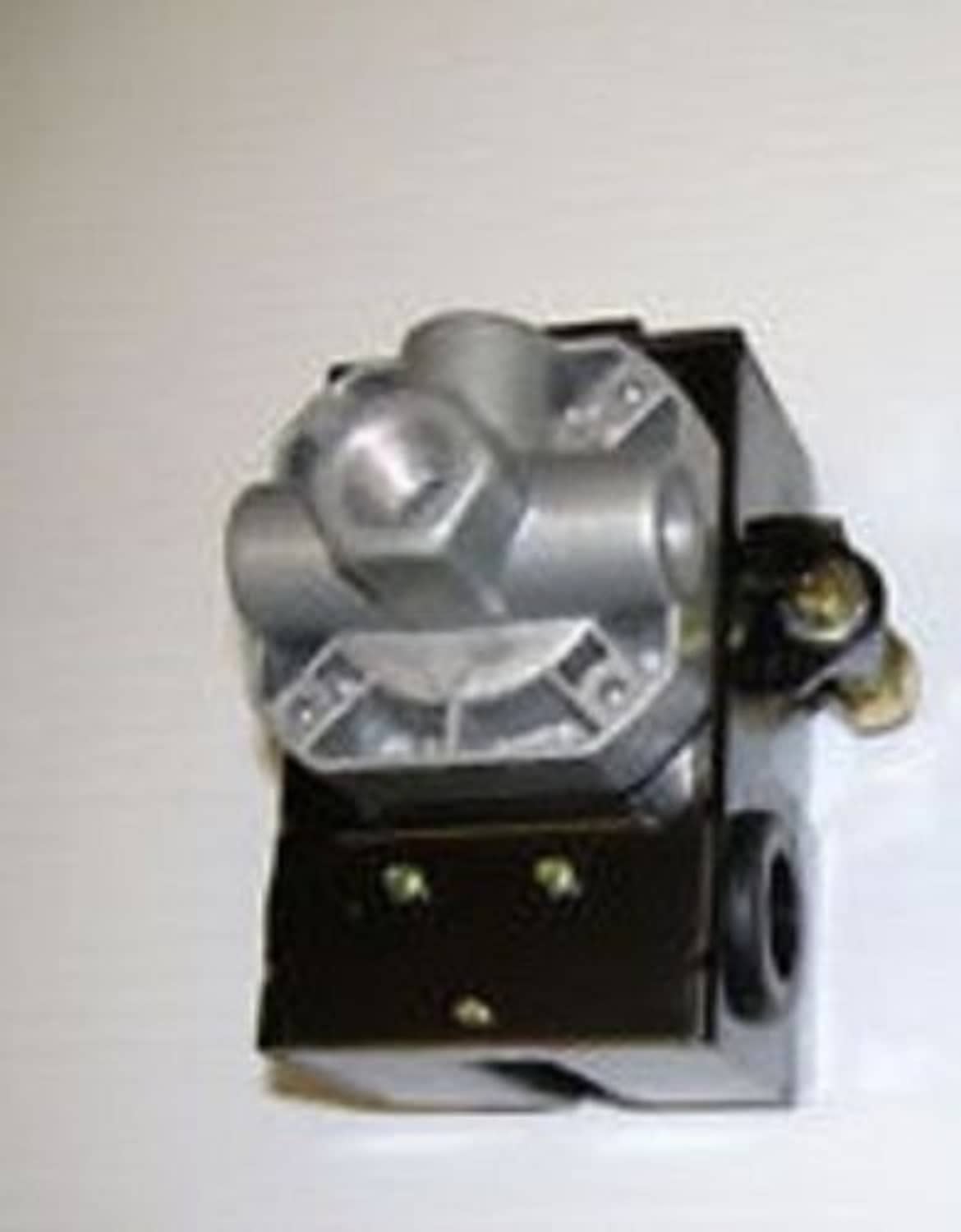 Grey and black pressure control switch with brass connection and mounting base