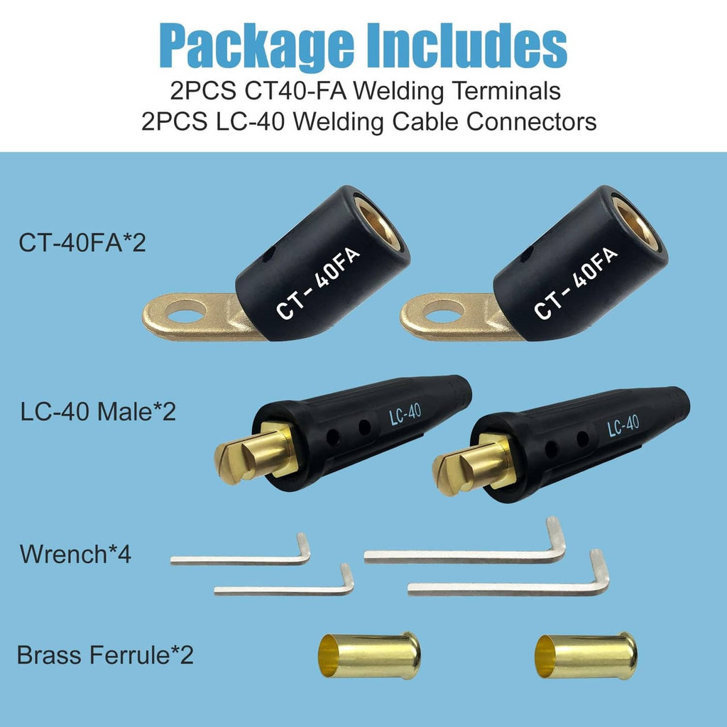 Welding terminal kit with two CT-40FA and two LC-40 cable connectors, wrench, ferrules
