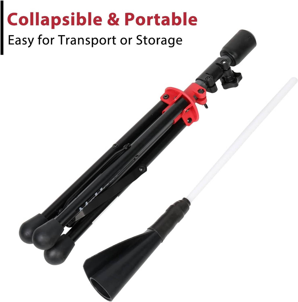 Collapsible batting tee stand with black legs and red clamp, plus white protective tube