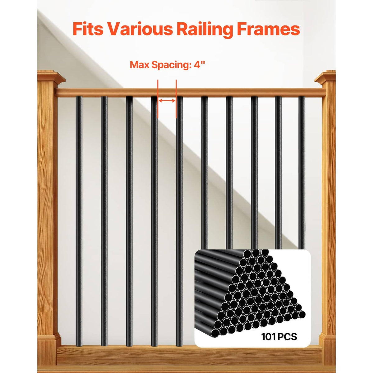 Black round aluminum railing balusters with even vertical spacing for deck frames