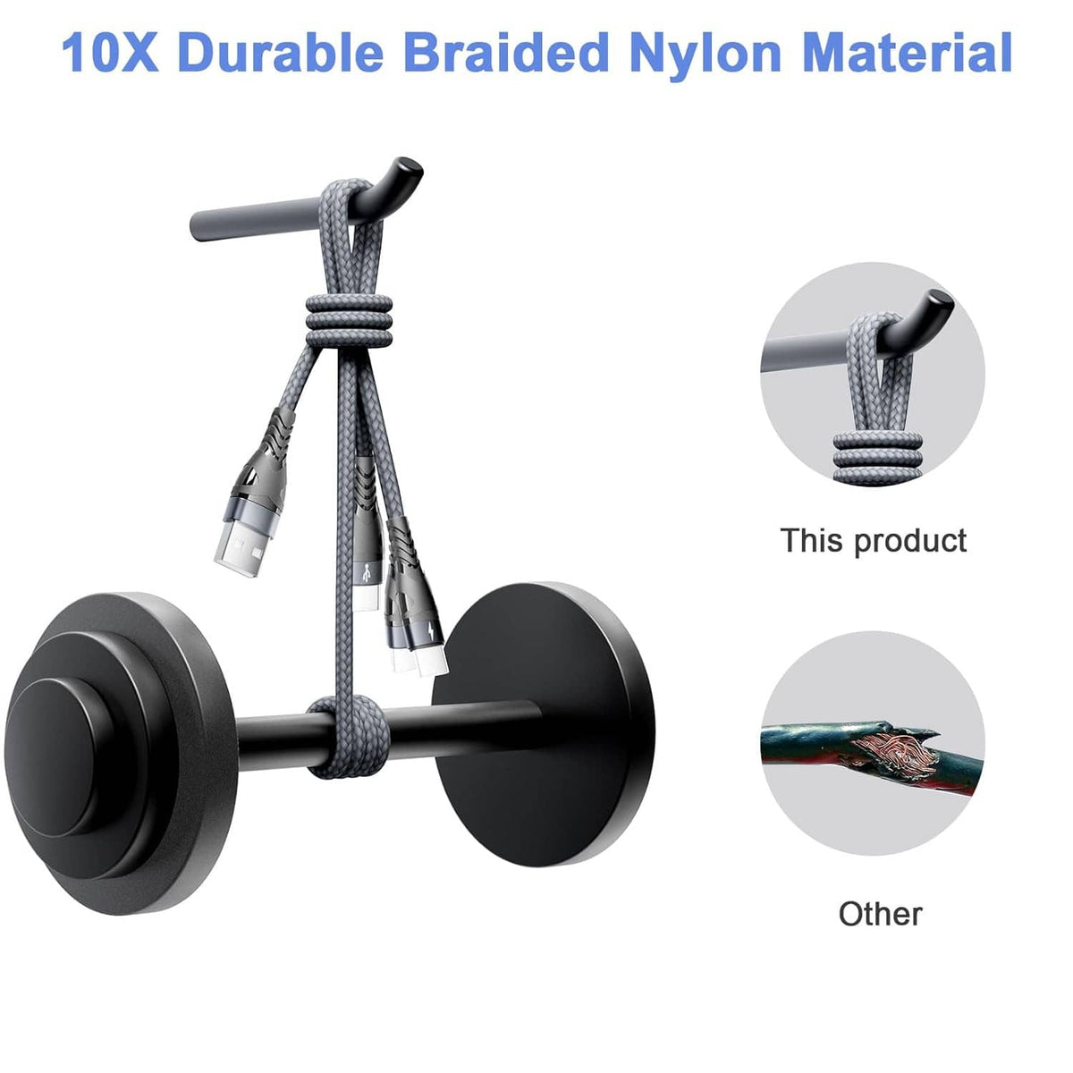 Gray nylon braided 3-in-1 charging cable with three connector tips and reinforced strain relief