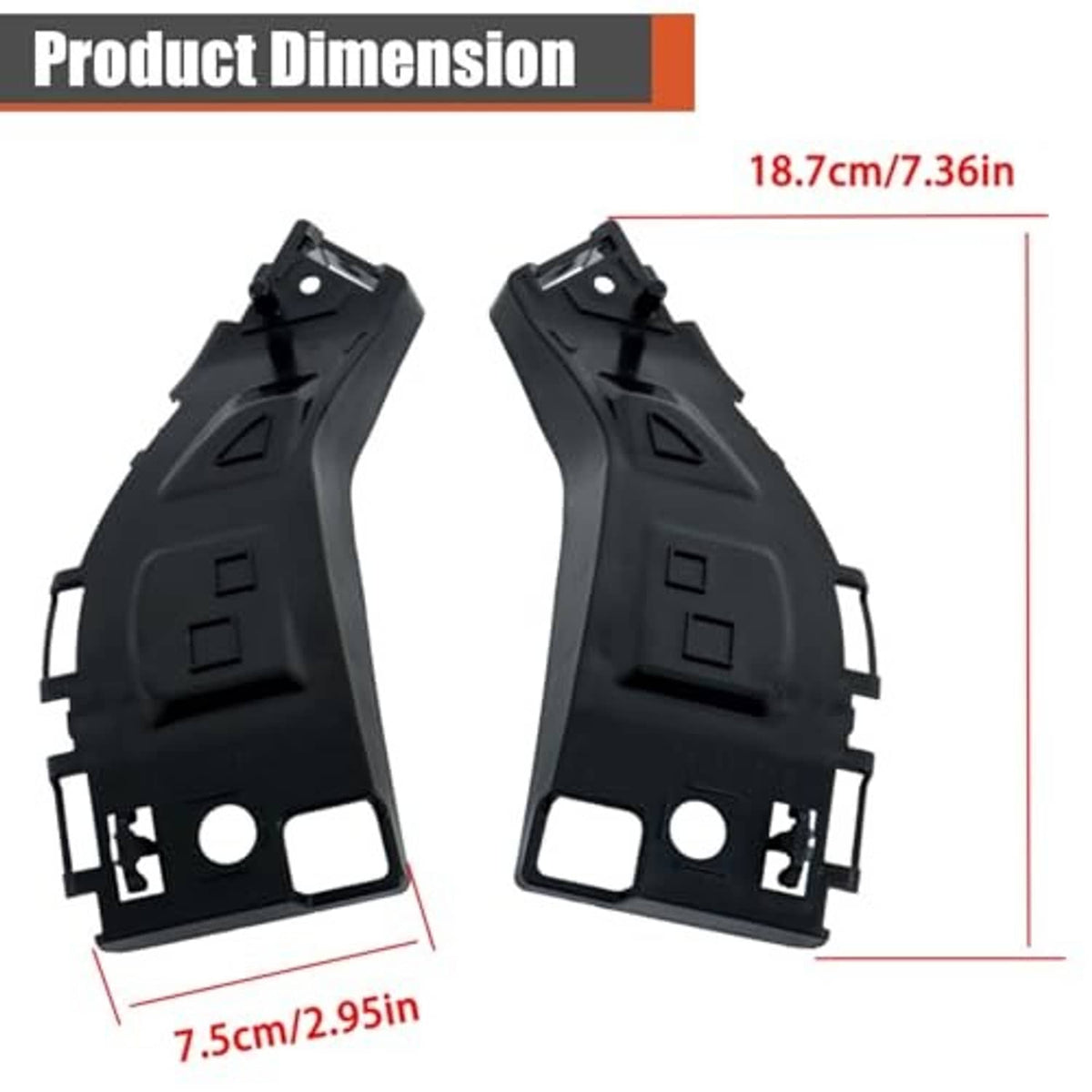 Pair of black curved front bumper side support brackets with mounting holes
