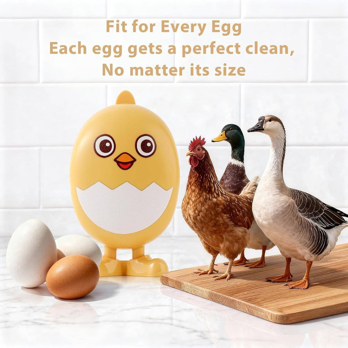 Yellow standing egg scrub brush with white bristles beside eggs on a wooden board