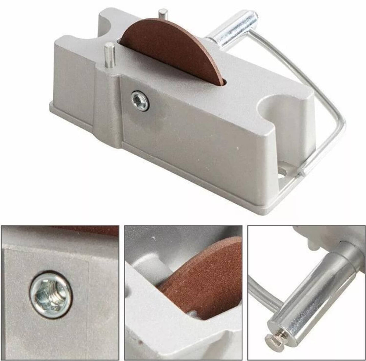 Piston ring grinding filer tool with aluminum frame, brown abrasive wheel, and crank handle