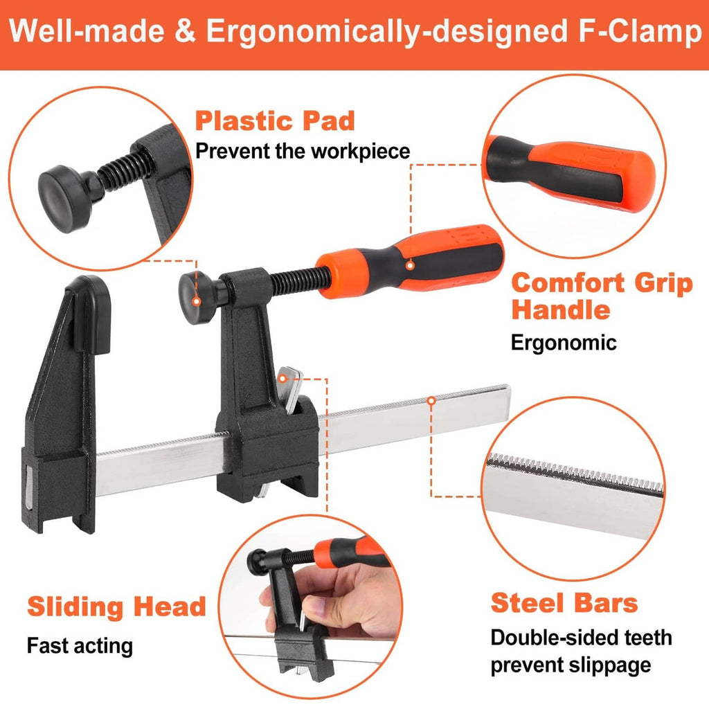 Ergonomic F-clamp with orange comfort grip, black handle, and steel bars