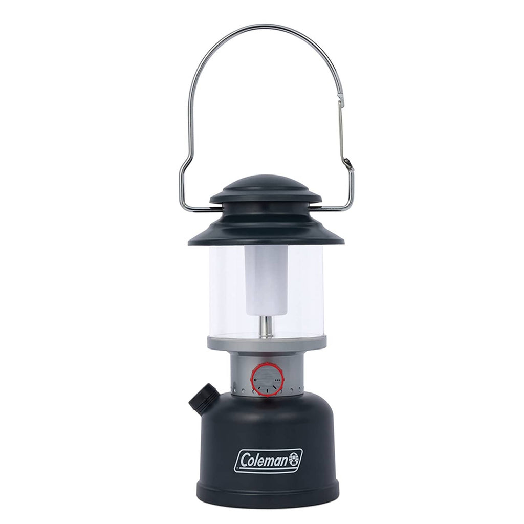 Black Coleman rechargeable LED lantern with carry handle and glowing top light.
