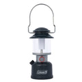 Black Coleman rechargeable LED lantern with carry handle and glowing top light.