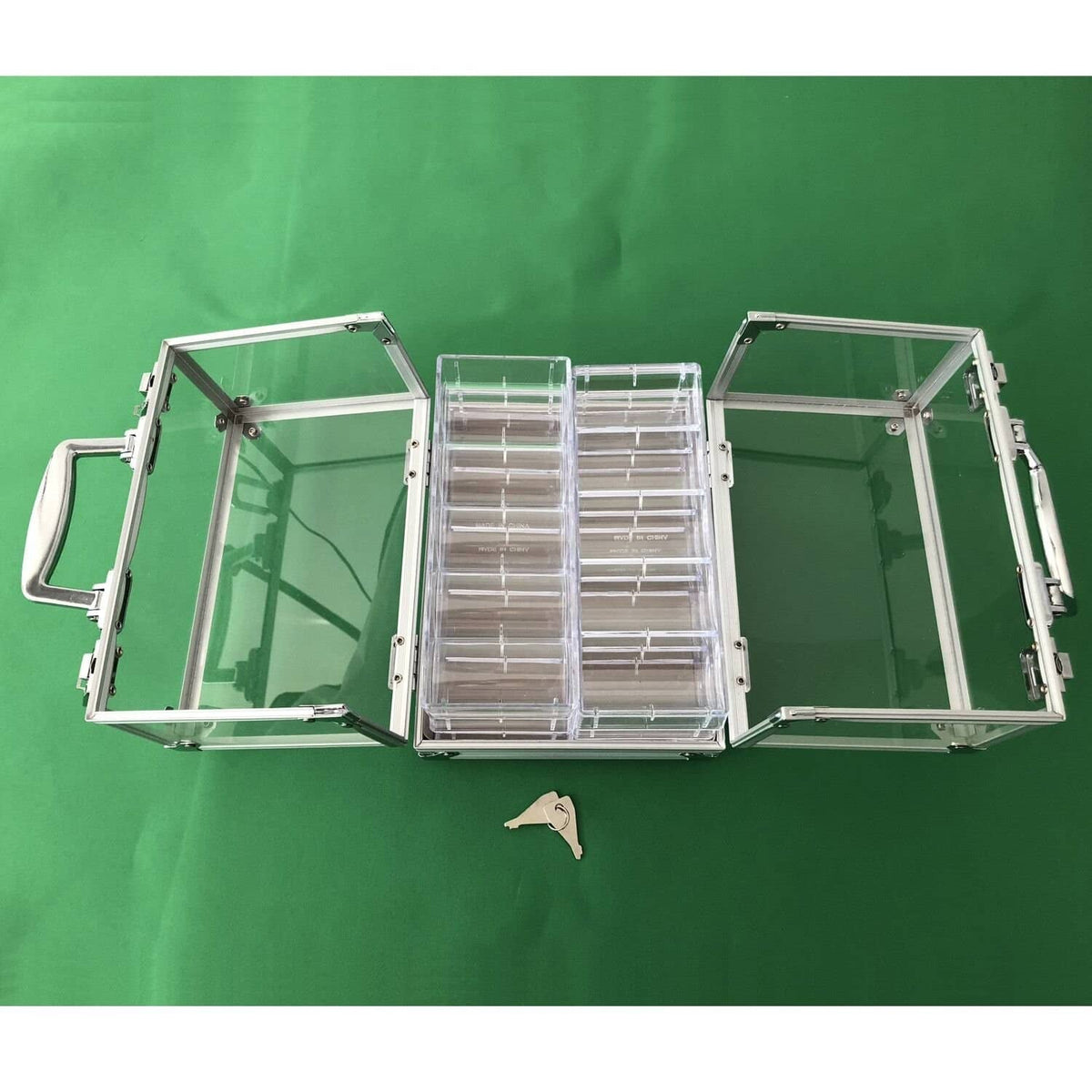Clear acrylic poker chip case open to sides with divider insert and metal frame