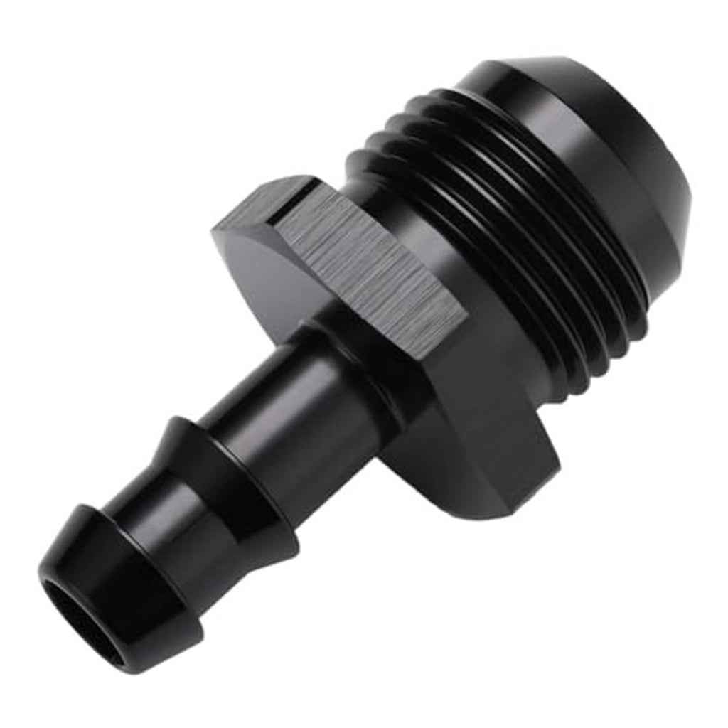 Black close-up of straight fitting adapter showing threads and barbed 3/8 hose connection