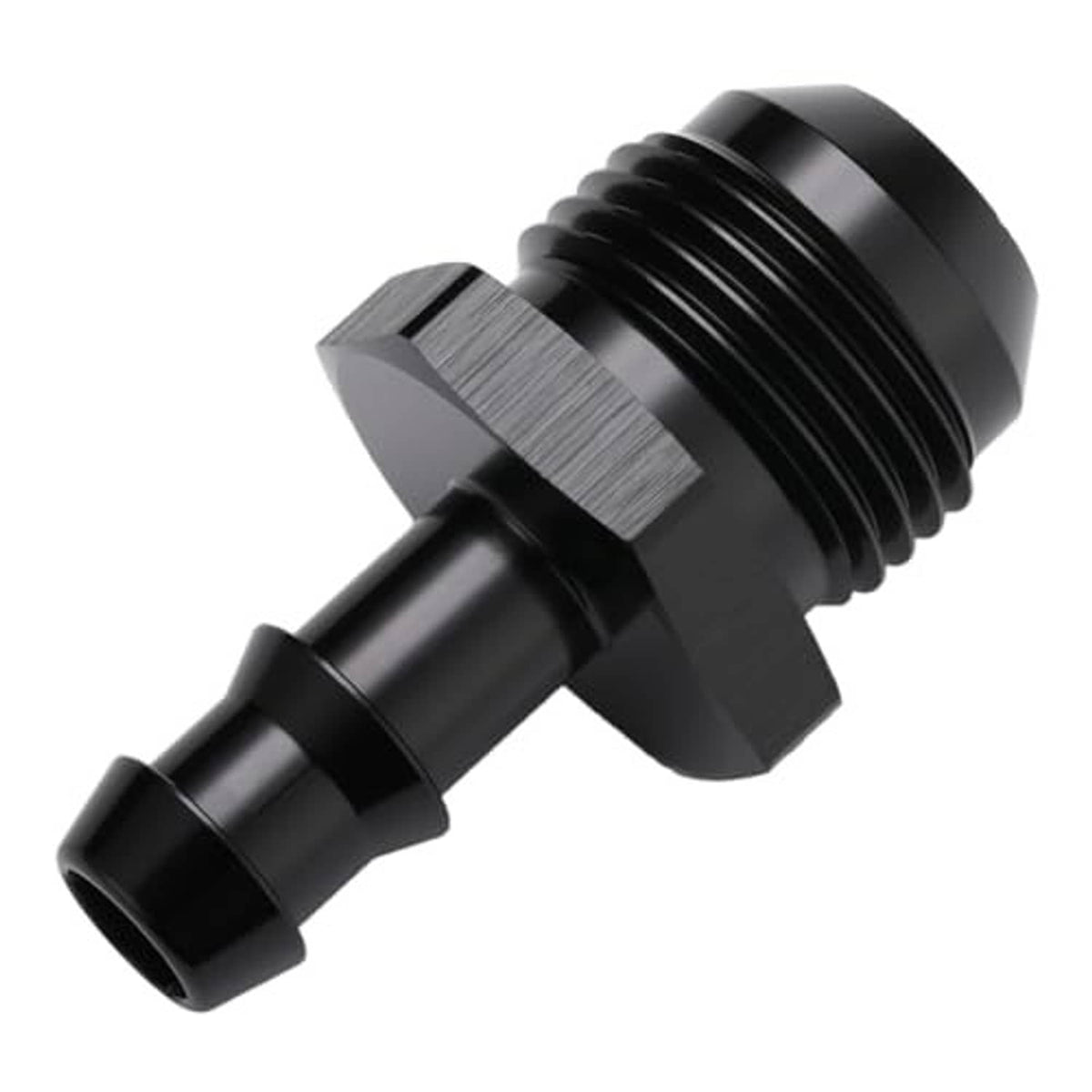 Black close-up of straight fitting adapter showing threads and barbed 3/8 hose connection