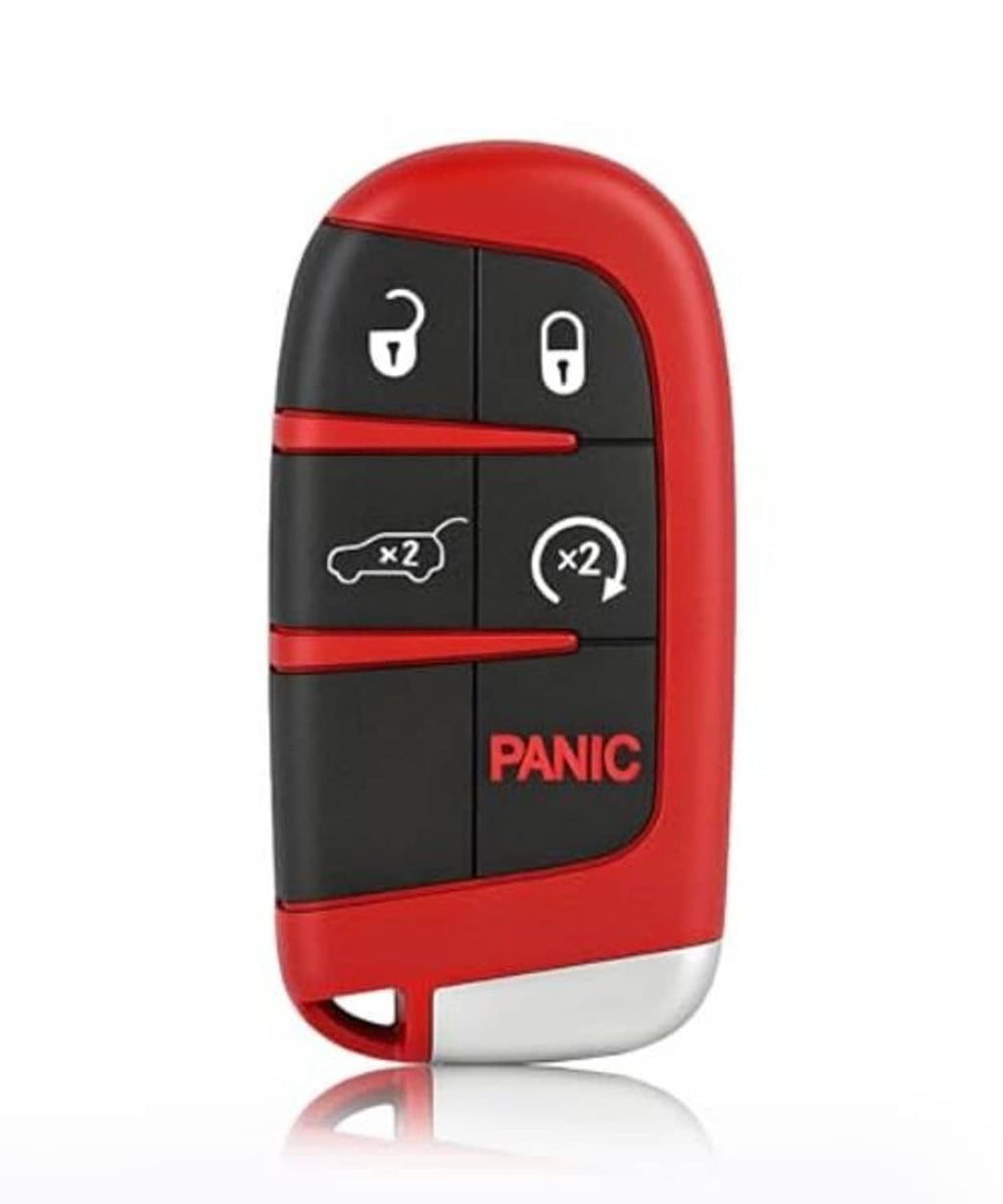 Red and black remote key fob with key icons and Panic button