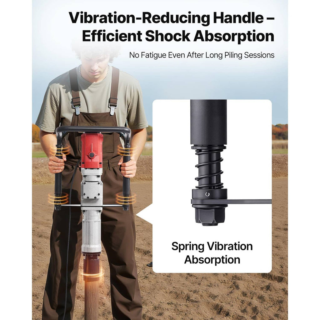 Post driver with vibration-reducing spring handle and shock absorption design