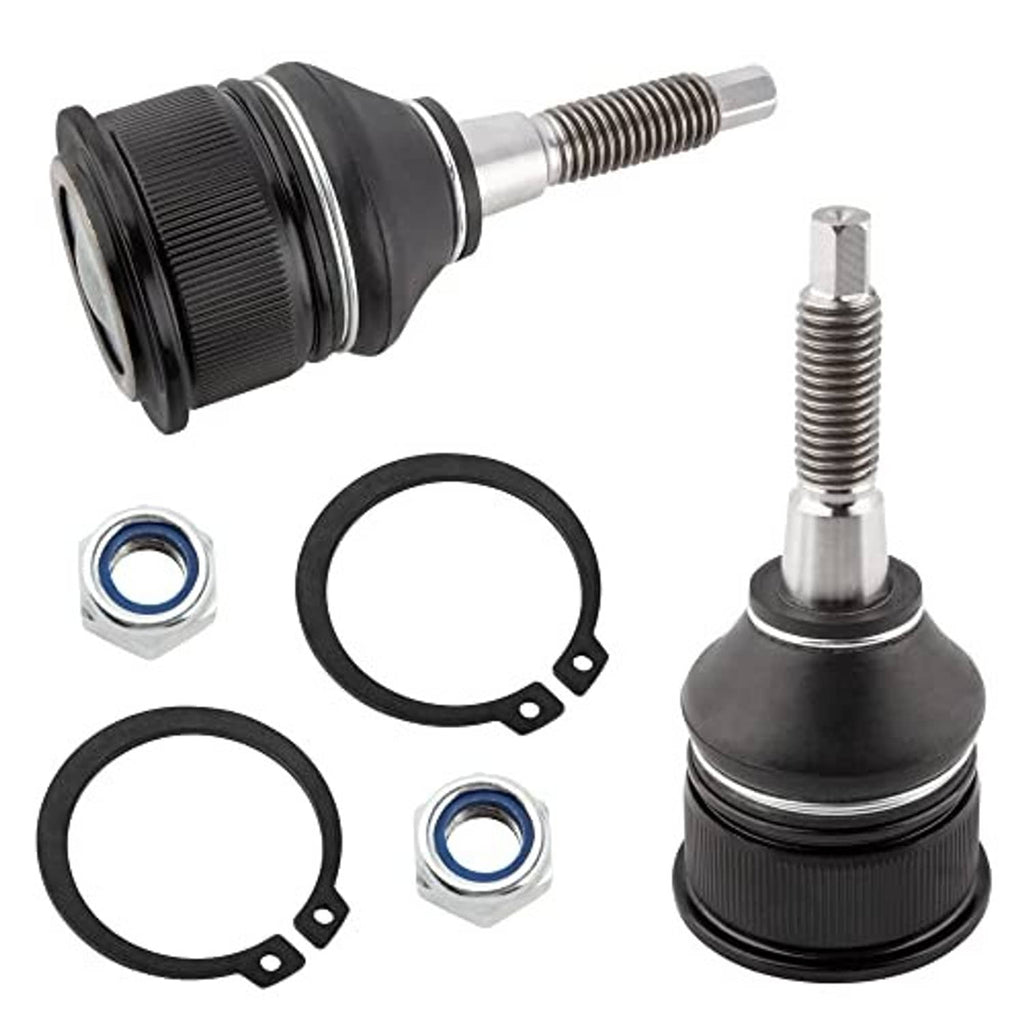 2-piece front upper ball joint set with black boots, studs, nuts, and retaining rings