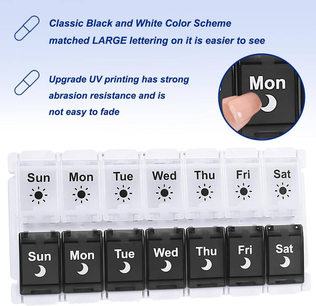 Weekly pill organizer with clear cover, black lids, large day labels, and lock icons