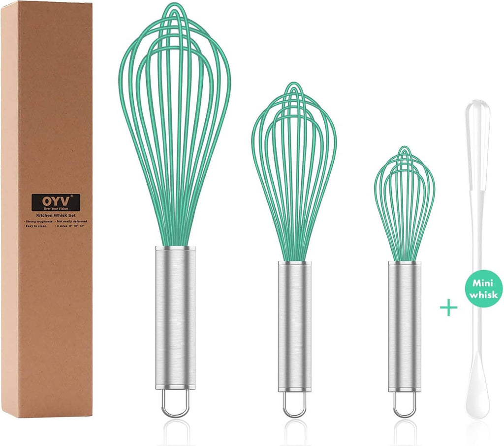 Set of three teal silicone whisks with stainless handles and mini whisk