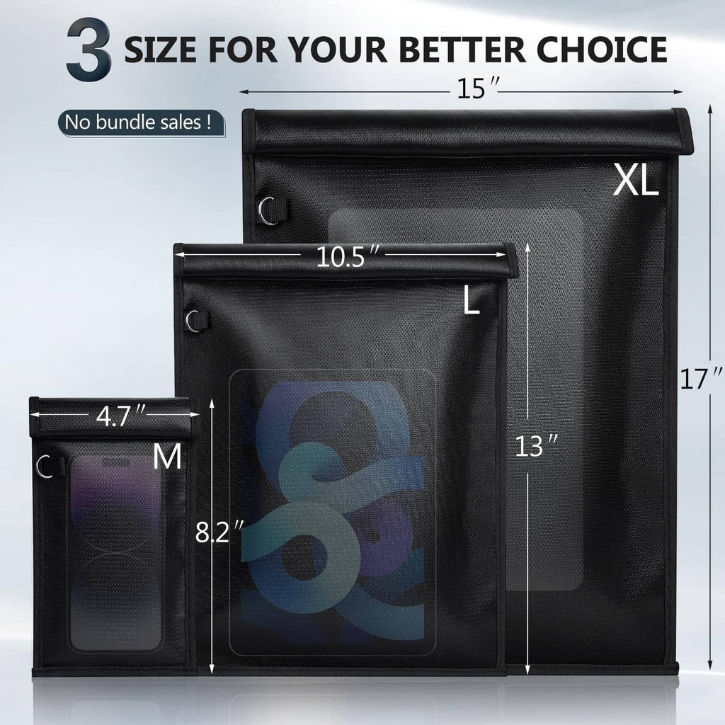 Stack of three black Faraday phone pouches with flap closures and clear windows