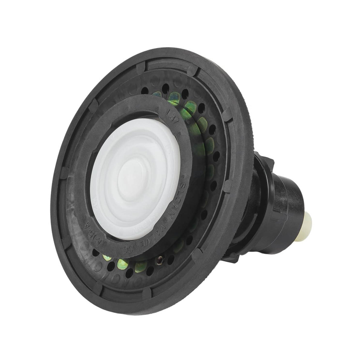 Black diaphragm cap with translucent white seal and side outlet tube