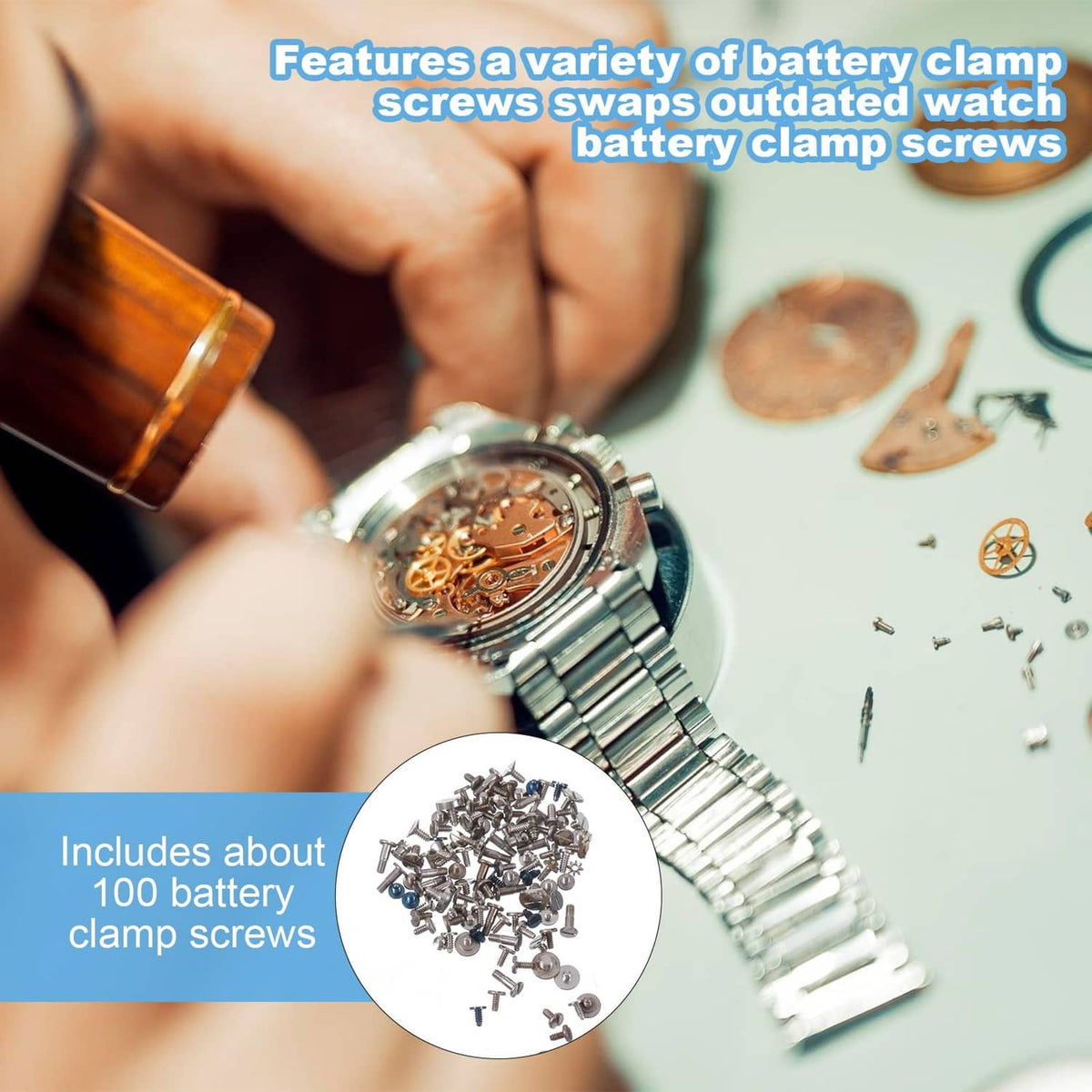 Watch battery clamp screw assortment with silver screws, shown with disassembled watch
