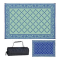 Reversible camping mat with blue border and light green diamond pattern